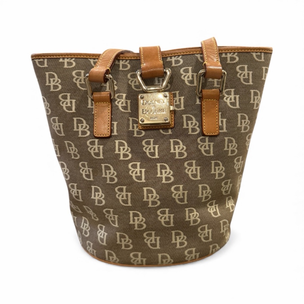 Dooney & Bourke Brown Monogram Canvas Bucket Tote with Leather Trim EUC
